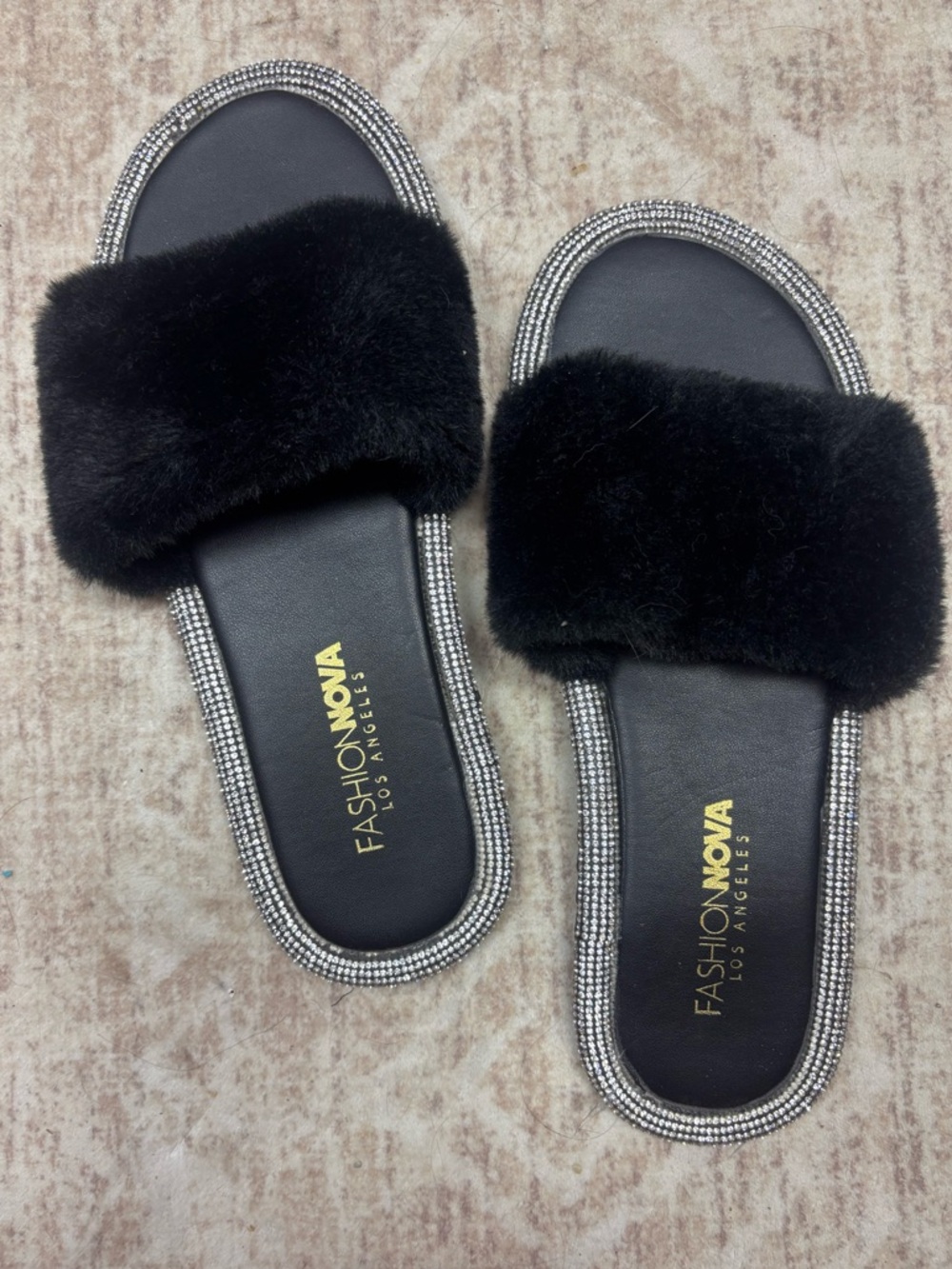 Fashion Nova Black Faux Fur Slide Sandals with Crystal Trim